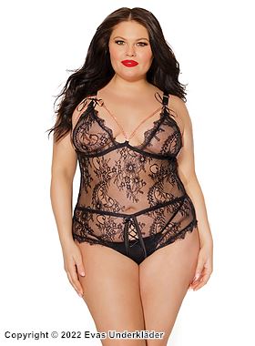 Verführerischer Dessous-Teddy, Schnürung, offener Schritt, Blumenspitze, Kette, Plus Size